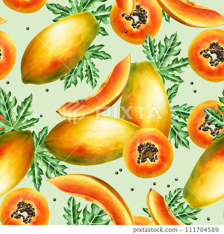 Marker seamless pattern with sweet ripe slice of papaya with grains, tropical leafs in watercolor style. Hand drawn realistic tasty organic illustration of exotic tropical fruit isolated on 111704589