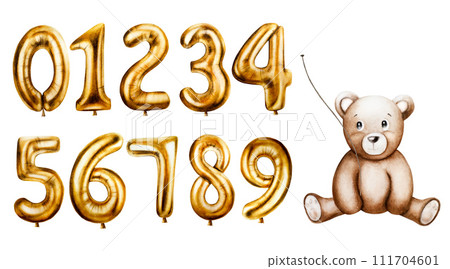 Watercolor cute cartoon teddy bear with golden foil balloon numbers digits 0-9. Hand drawn birthday party numbers zero, one, two, three, four, five, six, seven, eight, nine for decoration isolated on 111704601