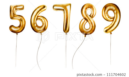 Watercolor set of golden foil balloons digits 5-9. Hand drawn birthday party numbers five, six, seven, eight, nine on stings for decoration isolated on white background. Shiny element for designers, 111704602