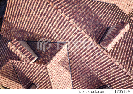 Top aerial view of building complex shingle roof construction. Abstract background. 111705199