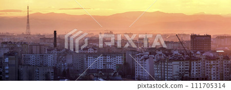 Panoramic view of beautiful sunset over Ivano-Frankivsk city, Ukraine Panoramic view of beautiful sunset over Ivano-Frankivsk city, Ukraine 111705314