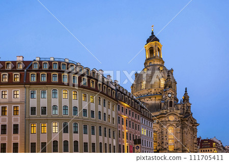 Long exposure of the Neumarkt square and Frauenkirche (Church of Our Lady) in Dresden on clear night, city square. Historic architecture buildings in Germany. Long exposure of the Neumarkt square and Frauenkirche (Church of Our Lady) in Dresden on clear night, city square. Historic architecture buildings in Germany. 111705411