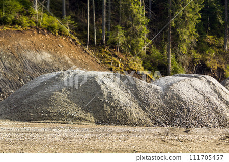 Industrial background with pile of gravel. Extraction of gravel. Construction of roads. Piles of gravel on construction site. Industrial background with pile of gravel. Extraction of gravel. Construction of roads. Piles of gravel on construction site. 111705457