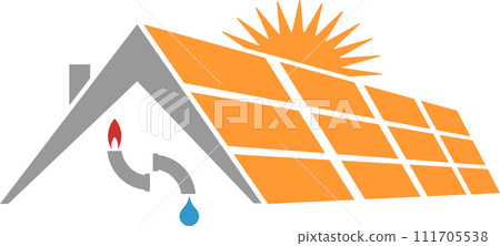 House, solar, pipes, water drops and flame, plumber, handyman, environment and energy logo 111705538