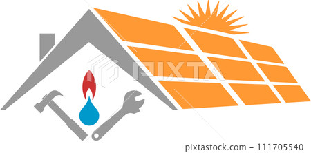 House, solar, pipes, water drops and flame, plumber, handyman, environment and energy logo 111705540