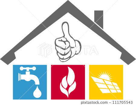 House, solar, pipes, water drops and flame, plumber, handyman, environment and energy logo House, solar, pipes, water drops and flame, plumber, handyman, environment and energy logo 111705543