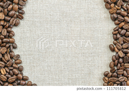 Burlap Sackcloth Canvas and Coffee Beans Placed Round Photo Background. Copy Space. Coffee Border 111705812