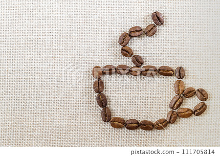 Burlap Sackcloth Canvas and Coffee Beans Photo Background. Copy Space. Coffee Border 111705814