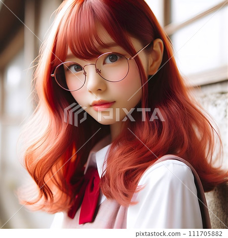 A red-haired girl with glasses waits for the train 111705882