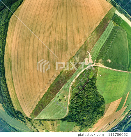 Aerial landscape view of yellow cultivated agricultural field with ripe wheat on bright summer day 111706062