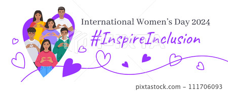 Inspire inclusion campaign pose. International Women's Day 2024 theme banner. Smiling Indian women and men make heart symbol with hands to stop discrimination and stereotypes. Gender inclusive world 111706093