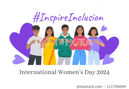 Inspire inclusion campaign pose. International Women's Day 2024 theme banner. Smiling Indian women and men make heart symbol with hands to stop discrimination and stereotypes. Gender inclusive world Inspire inclusion campaign pose. International Women's Day 2024 theme banner. Smiling Indian women and men make heart symbol with hands to stop discrimination and stereotypes. Gender inclusive world 111706094