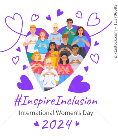 Inspire inclusion campaign pose. International Women's Day 2024 theme poster. Diverse women and men make heart symbol with hands to stop discrimination and stereotypes. Gender equal inclusive world 111706095