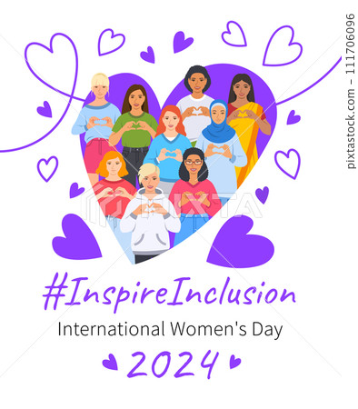 Inspire inclusion campaign pose. International Women's Day 2024 theme banner. Smiling diverse women make heart symbol with hands to stop discrimination and stereotypes. Gender equal inclusive world 111706096