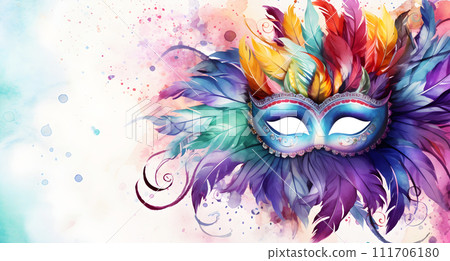 Colored carnival mask with multi-colored feathers in a watercolor style on a white background. 111706180
