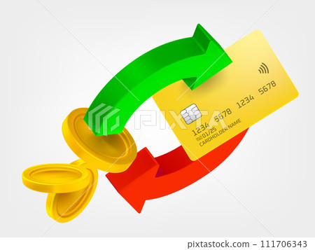 Two arrow in the circle with coins and bank card 111706343