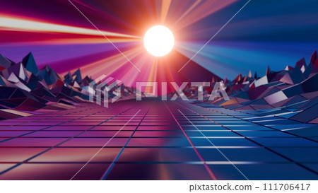 The wireframe landscape embodies the classic 80s aesthetic, combining 111706417