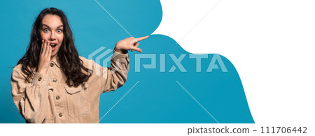 Excited Woman Pointing Finger Aside Showing Blank Speech Bubble, Mockup 111706442