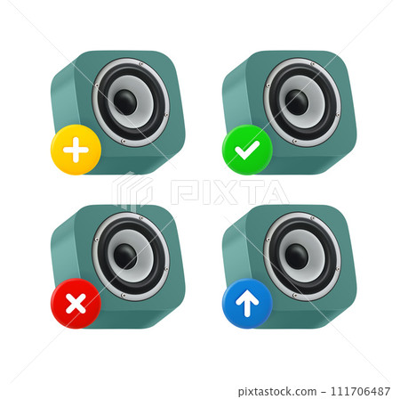 Sound cabinet icon set with different pictograms. 3d vector icons set Sound cabinet icon set with different pictograms. 3d vector icons set 111706487