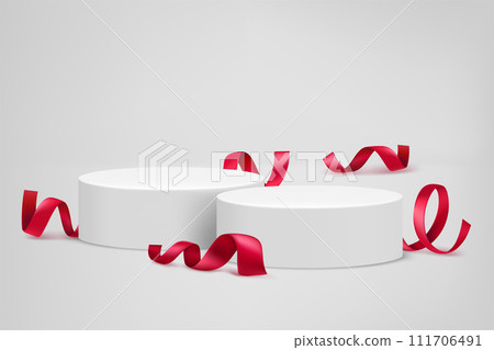 Bright room with podium and red ribbons. Vector 3d illustration Bright room with podium and red ribbons. Vector 3d illustration 111706491