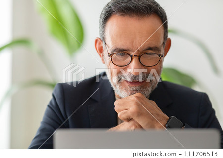 Smiling senior man working attentively on a laptop Smiling senior man working attentively on a laptop 111706513