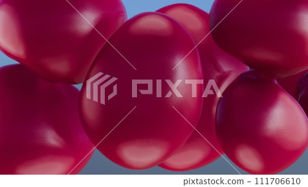 3D rendering of inflating balloons struggling to fit in a confined space, creating a whimsical yet tense scene. 111706610