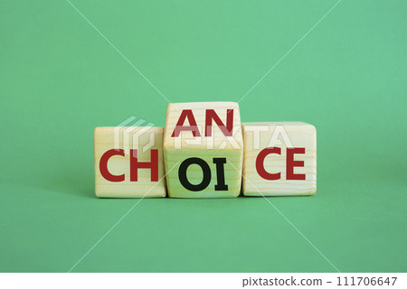 Chance and Choice symbol. Wooden cubes with words Choice and Chance. Beautiful green background. Chance and Choice and business concept. Copy space 111706647