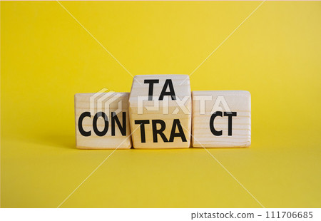 Contact and Contract symbol. Wooden cubes with words Contract and Contact. Beautiful yellow background. Contact and Contract and business concept. Copy space 111706685