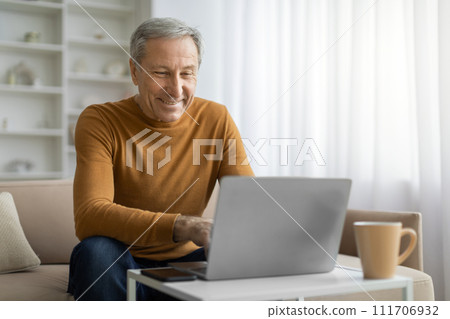 Cheerful senior businessman working on laptop from home 111706932