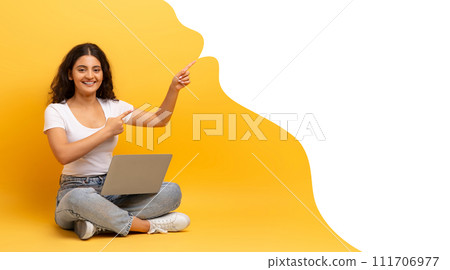 Indian woman with laptop sits pointing to speech bubble, collage Indian woman with laptop sits pointing to speech bubble, collage 111706977