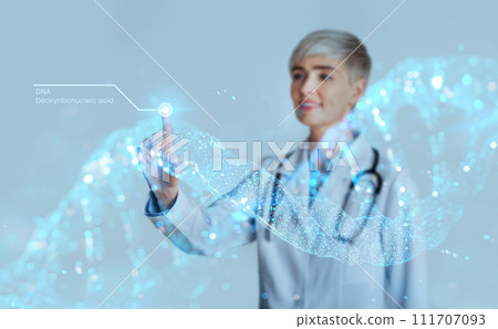 Friendly woman geneticist and modern technology in healthcare Friendly woman geneticist and modern technology in healthcare 111707093
