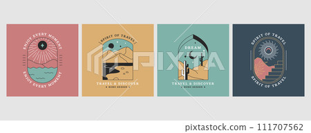 Vector linear boho emblems or travel logos with abstract mountain landscape Vector linear boho emblems or travel logos with abstract mountain landscape 111707562