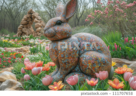 A Stone Rabbit's Gaze Fixed on the Treasure of Flowers in the Easter Garden A Stone Rabbit's Gaze Fixed on the Treasure of Flowers in the Easter Garden 111707658
