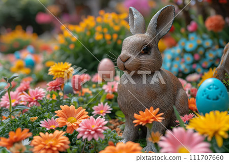 A Stone Rabbit's Gaze Fixed on the Treasure of Flowers in the Easter Garden 111707660