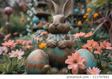 A Stone Rabbit's Gaze Fixed on the Treasure of Flowers in the Easter Garden 111707662