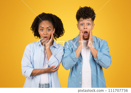 Shocked and surprised young African American woman and man with hands on cheeks Shocked and surprised young African American woman and man with hands on cheeks 111707736