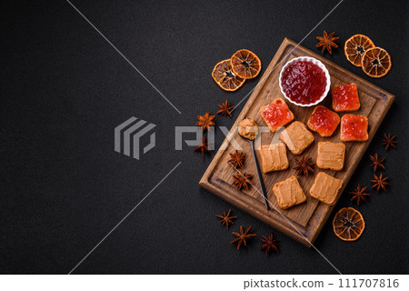 Delicious nutritious sandwiches with peanut butter, strawberry jam 111707816
