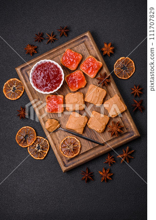 Delicious nutritious sandwiches with peanut butter, strawberry jam Delicious nutritious sandwiches with peanut butter, strawberry jam 111707829