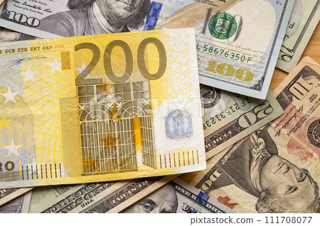 Money and finances concept. Two hundred euro new bill on colorfu 111708077