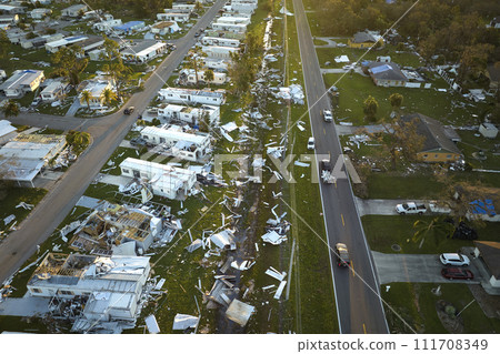 Destroyed by hurricane Ian suburban houses in Florida mobile home residential area. Consequences of natural disaster Destroyed by hurricane Ian suburban houses in Florida mobile home residential area. Consequences of natural disaster 111708349