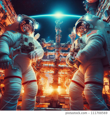 AI-generated content. Two Astronauts in Spacesuits on an Space Station. Space Travel and Solar System Colonization Concept. 111708569