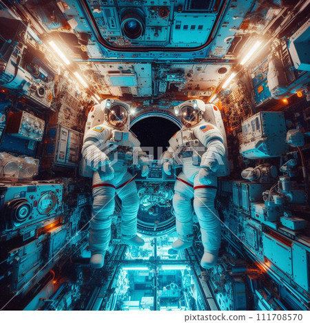 AI-generated content. Two Astronauts in Spacesuits on an Space Station. Space Travel and Solar System Colonization Concept. 111708570
