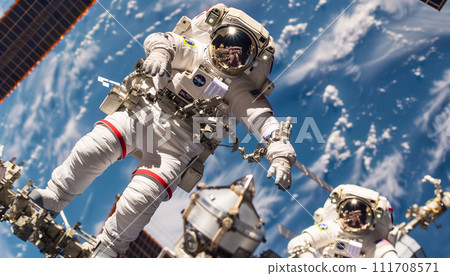 AI-generated content. Two astronauts are engaged in experiences and repair at the space station, in an outer space 111708571
