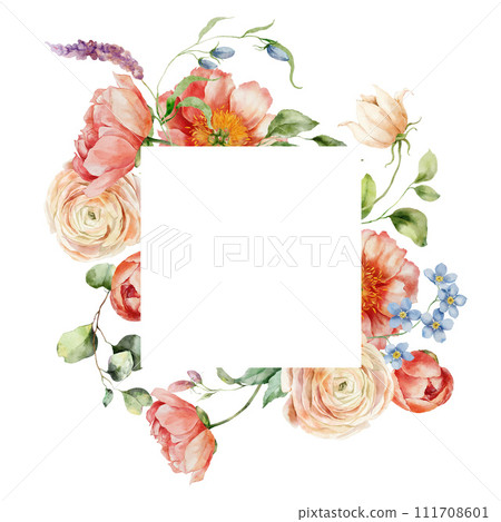 Watercolor frame of bouquet with ranunculus, peony and leaves. Hand painted card of floral elements isolated on white background. Holiday flowers Illustration for design, print or background. Watercolor frame of bouquet with ranunculus, peony and leaves. Hand painted card of floral elements isolated on white background. Holiday flowers Illustration for design, print or background. 111708601