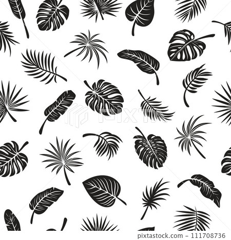 Vector Seamless Pattern with Tropical Leaf Silhouettes. Flat Vector Black and White Cutout Style Monstera, Ficus, Banana Leaf, Dracaena, Sabal Palm Leaves, Isolated 111708736