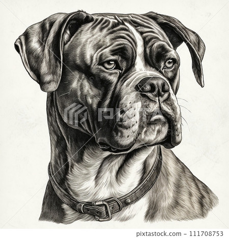 Boxer dog, engraving style, close-up portrait, black and white drawing, cute animal companion, favorite pet 111708753