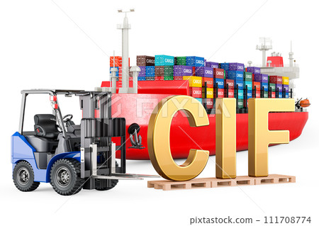 Shipping Instruction Form, concept. Cargo Container Ship with cargo containers and Forklift truck with SIF inscription, 3D rendering Shipping Instruction Form, concept. Cargo Container Ship with cargo containers and Forklift truck with SIF inscription, 3D rendering 111708774