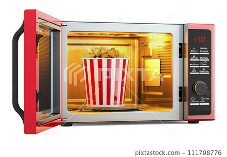 Microwave oven with popcorn inside, 3D rendering Microwave oven with popcorn inside, 3D rendering 111708776