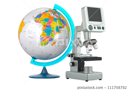 Global research and discovery, concept. Microscope with World Globe. 3D rendering 111708782