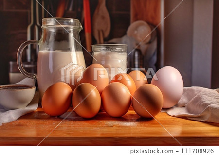 Milk and eggs on a wooden table in the kitchen at home Milk and eggs on a wooden table in the kitchen at home 111708926